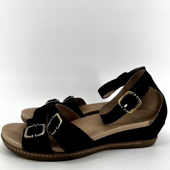 Dansko Astrid Wedge Sandals Nubuck Leather Scotchgard Ankle Strap Buckle Black 8 - Picture 4 of 7